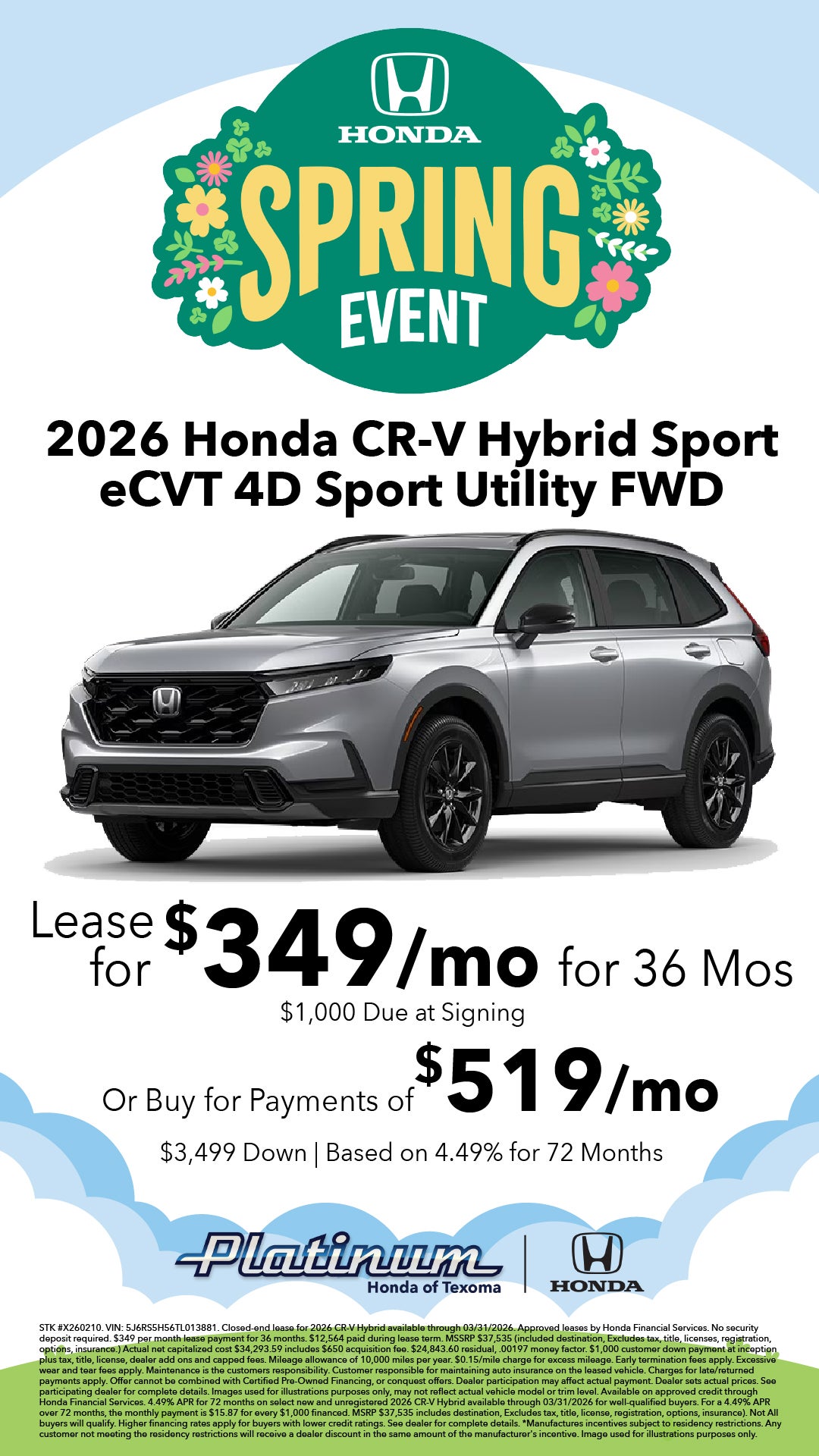 2026 Honda CR-V Hybrid Sport Lease from $349/mo | Or Own from $519/mo!