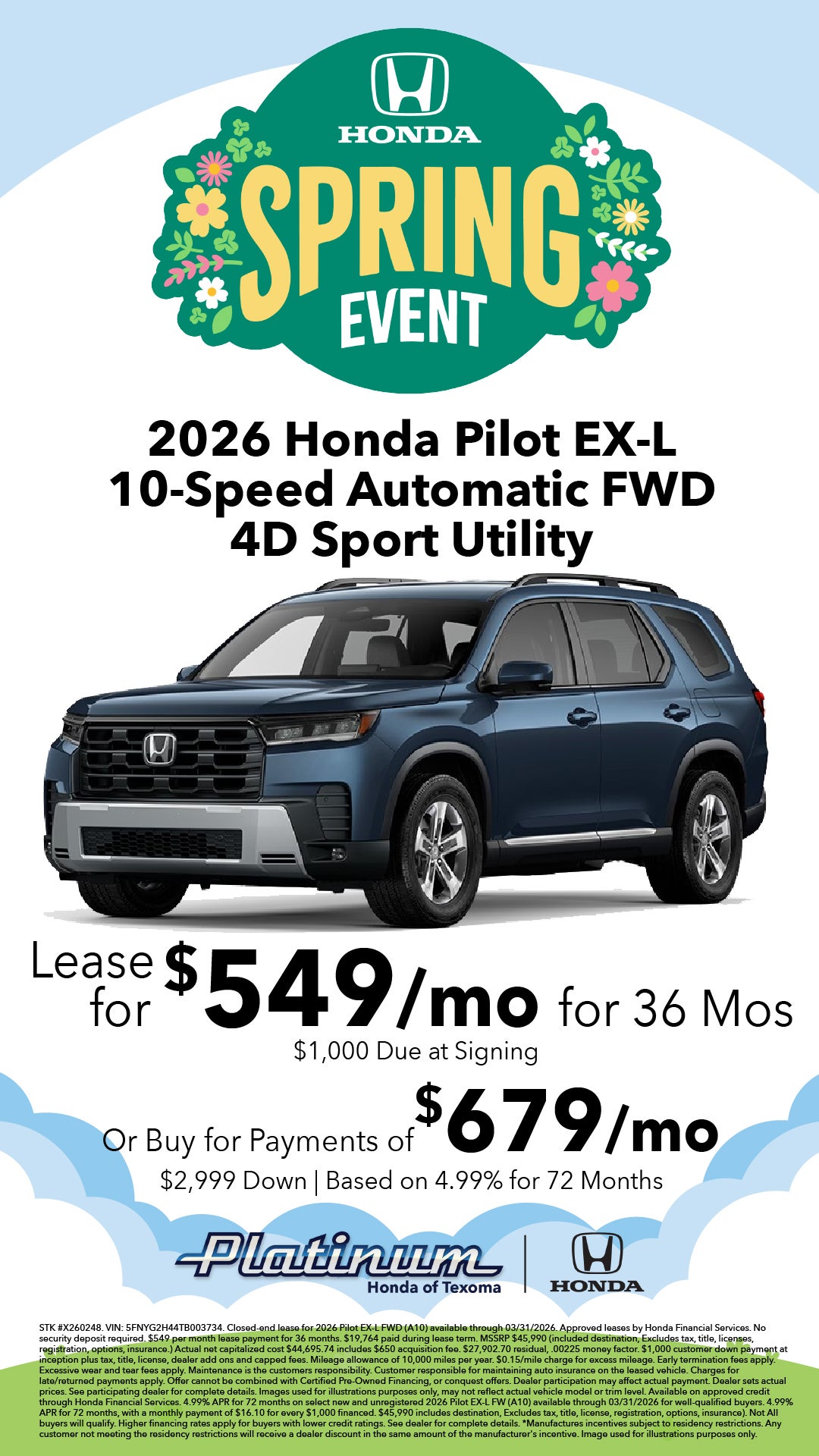 2026 Honda Pilot EX-L Lease from $549/mo | Or Own from $679/mo!