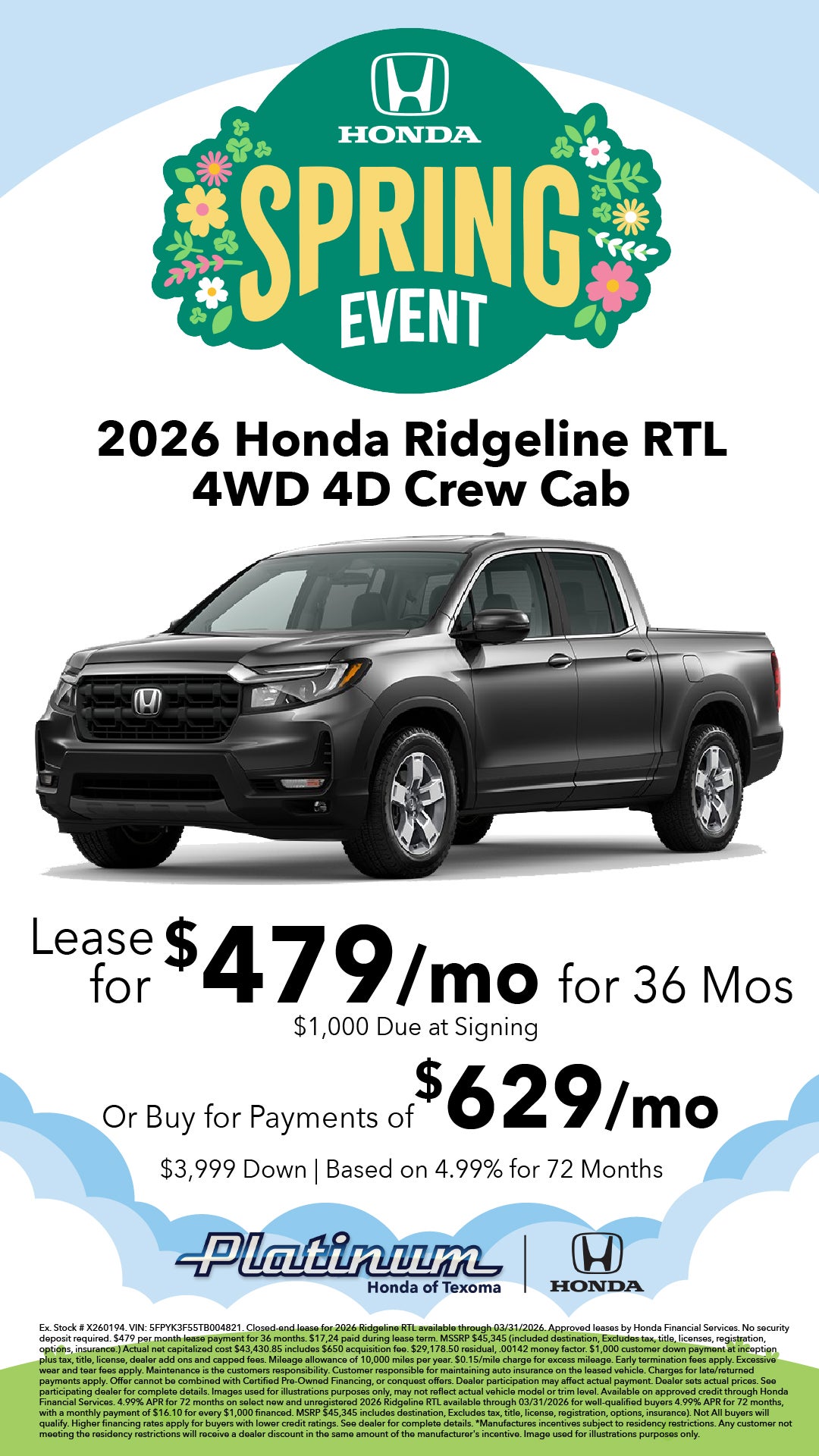 2026 Honda Ridgeline RTL Lease from $479/mo | Or Own from $629/mo!